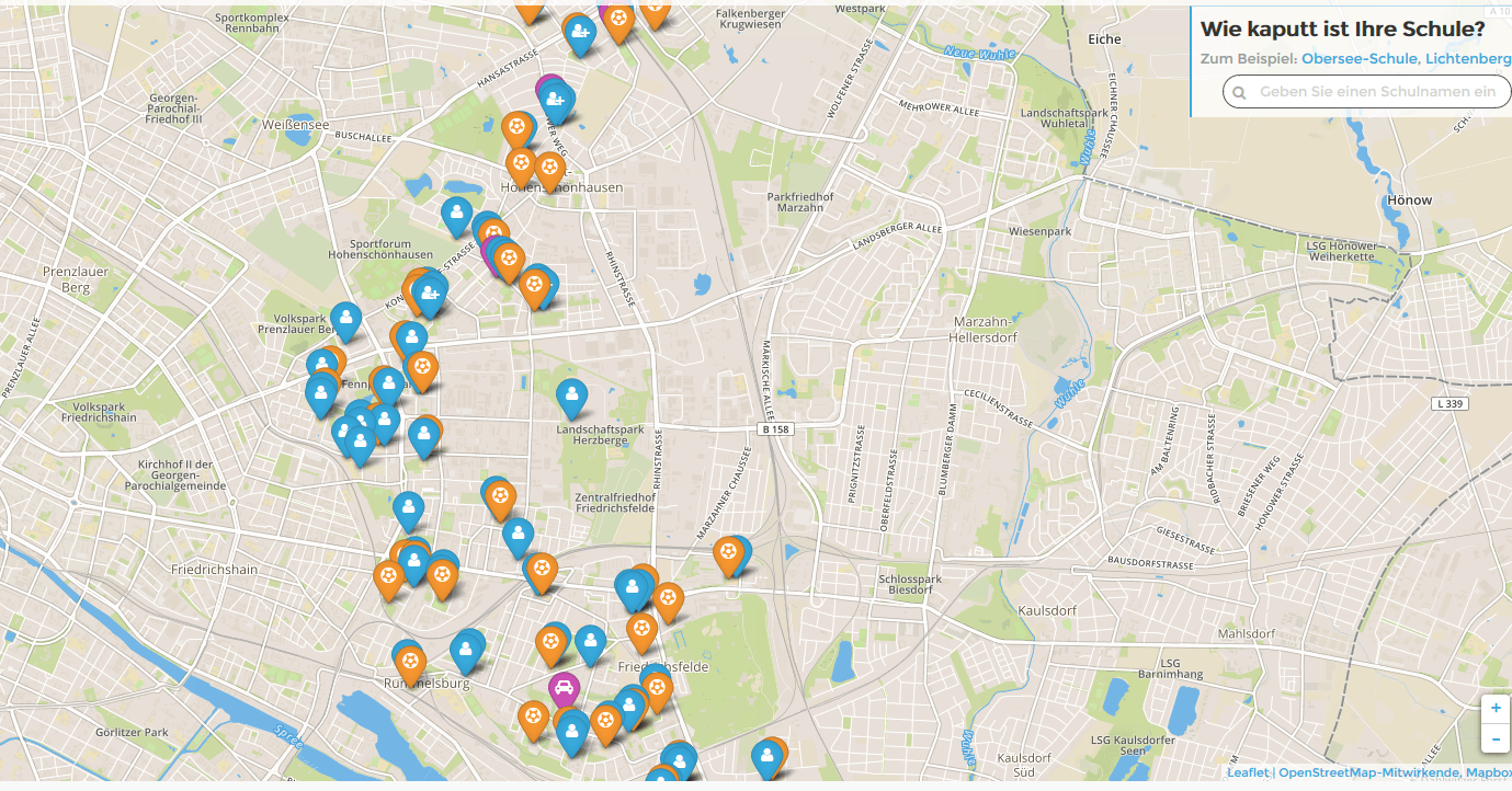 Screenshot einer Karte die den Renovierungsbedarf an Berliner Schulen visualisiert